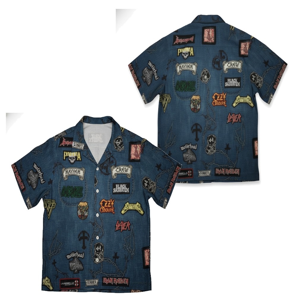 Denim Blue Heavy Metal Band Print Hawaiian Shirt Denim Blue Heavy Metal Band Print Hawaiian Shirt