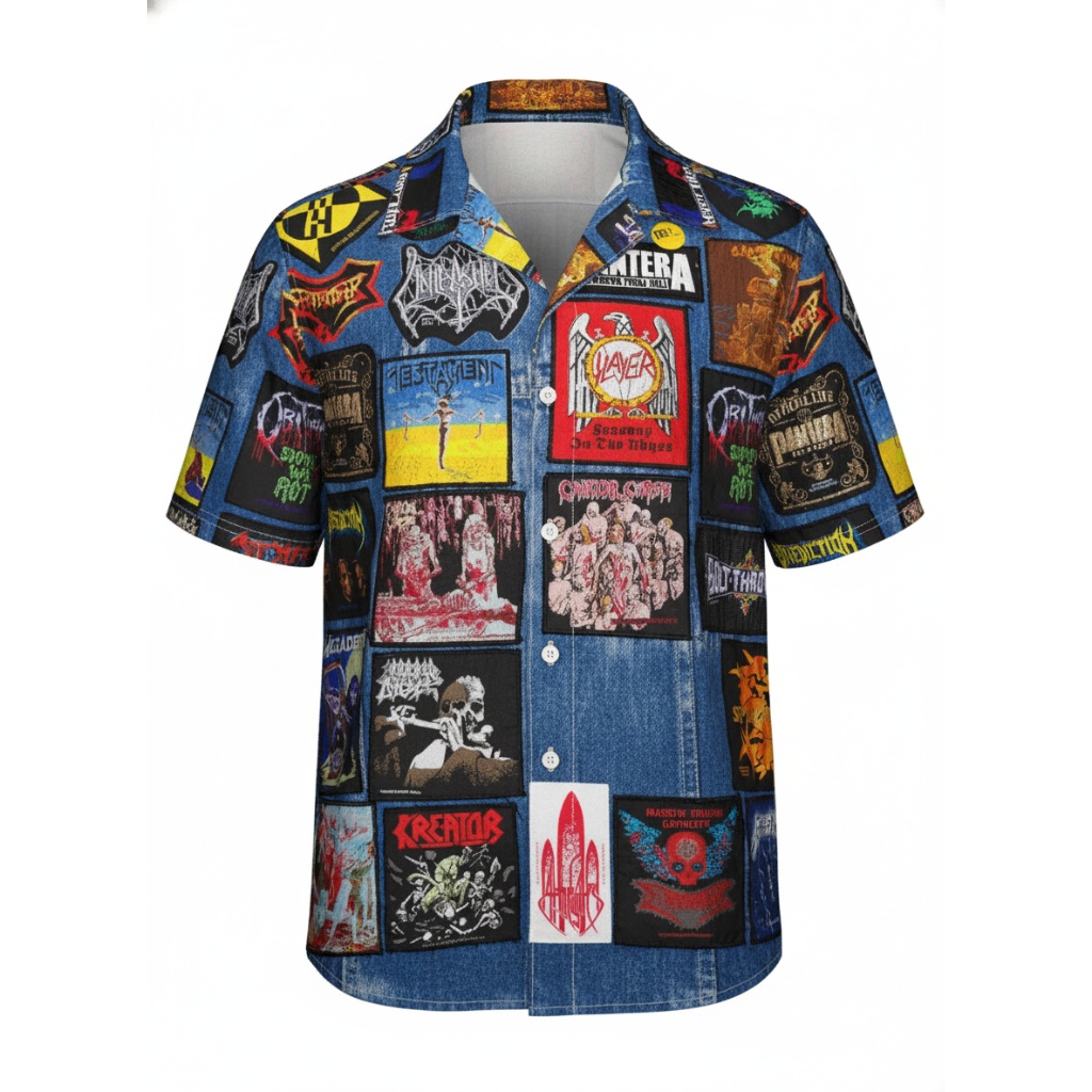 Denim Heavy Metal Band Patch Hawaiian Shirt Blue