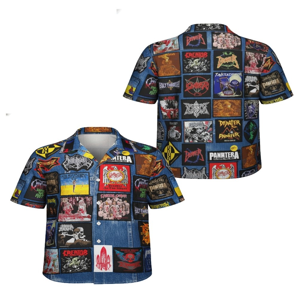 Denim Heavy Metal Band Patch Hawaiian Shirt Blue