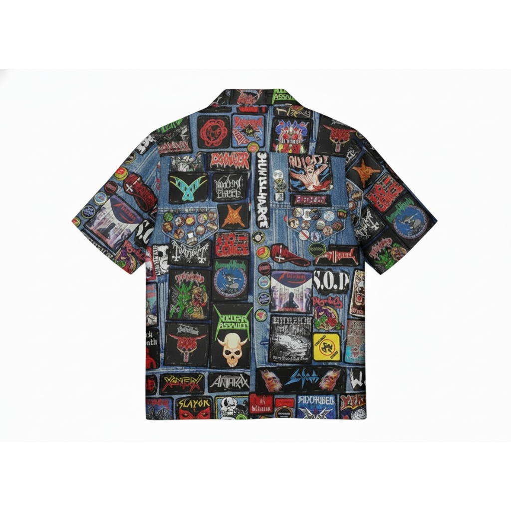 Denim Patch Graphic Button Up Shirt Rock Metal Style Denim Patch Graphic Button Up Shirt Rock Metal Style