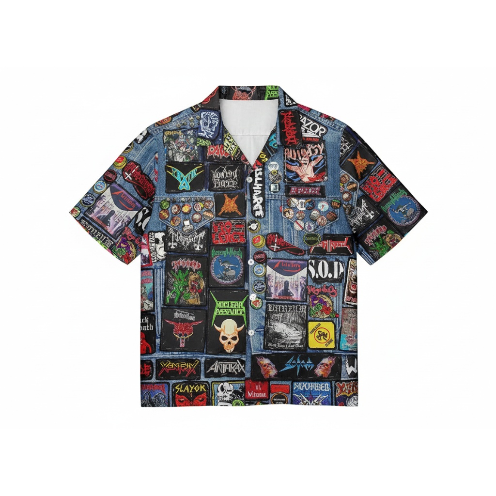 Denim Patch Graphic Button Up Shirt Rock Metal Style