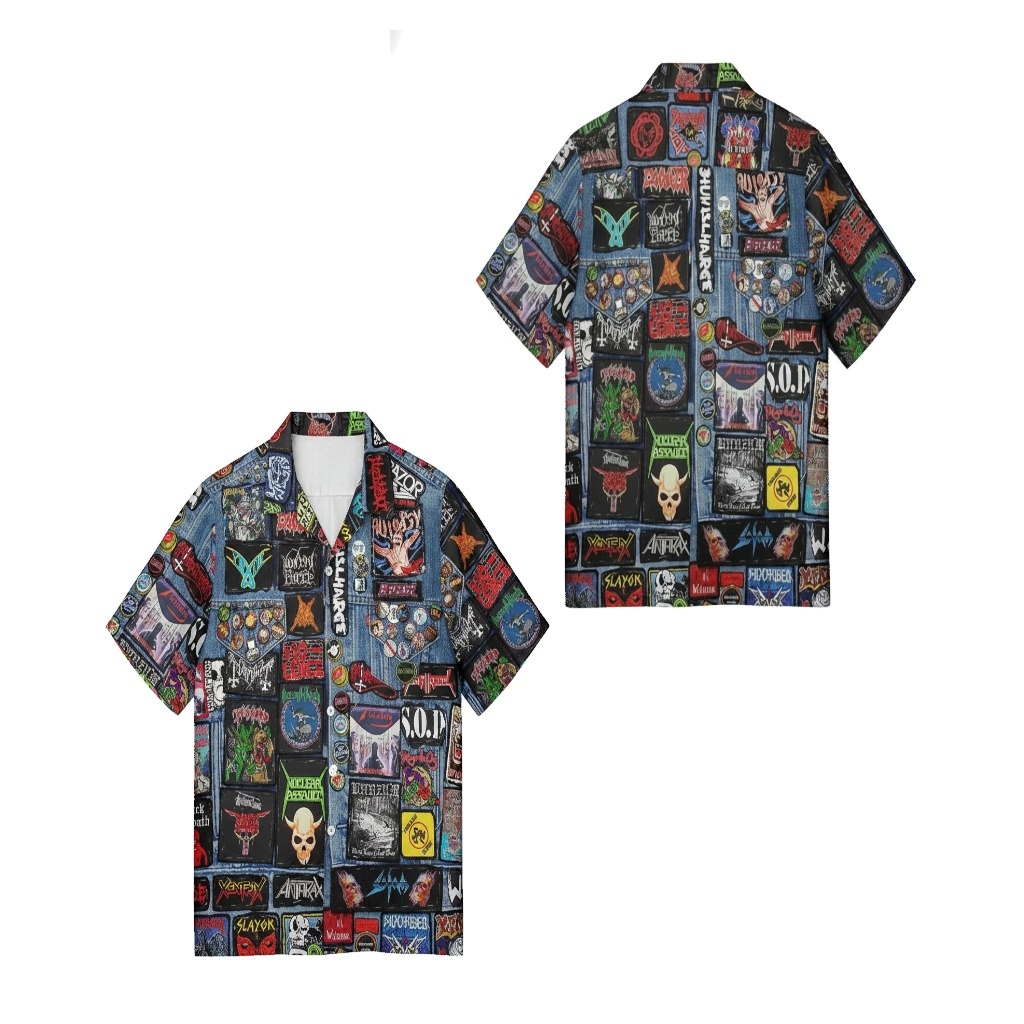 Denim Patch Graphic Button Up Shirt Rock Metal Style Denim Patch Graphic Button Up Shirt Rock Metal Style