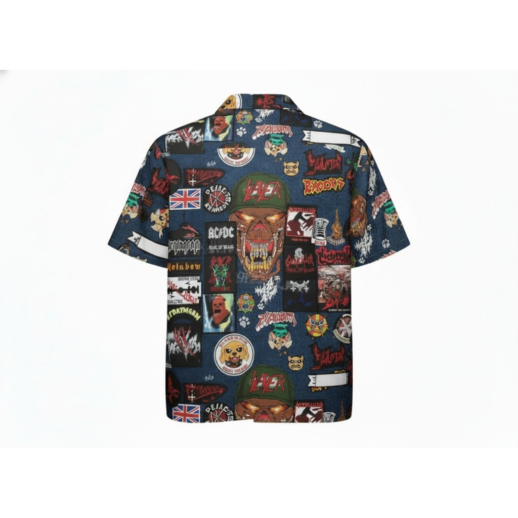 Denim Skull Print Button Up Shirt Rock Band Graphics Denim Skull Print Button Up Shirt Rock Band Graphics