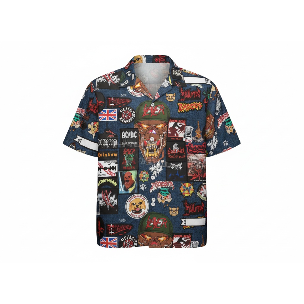 Denim Skull Print Button Up Shirt Rock Band Graphics