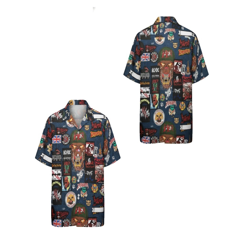 Denim Skull Print Button Up Shirt Rock Band Graphics Denim Skull Print Button Up Shirt Rock Band Graphics