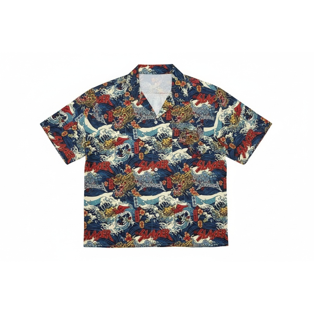 Dragon Wave Print Hawaiian Shirt Blue Red Short Sleeve