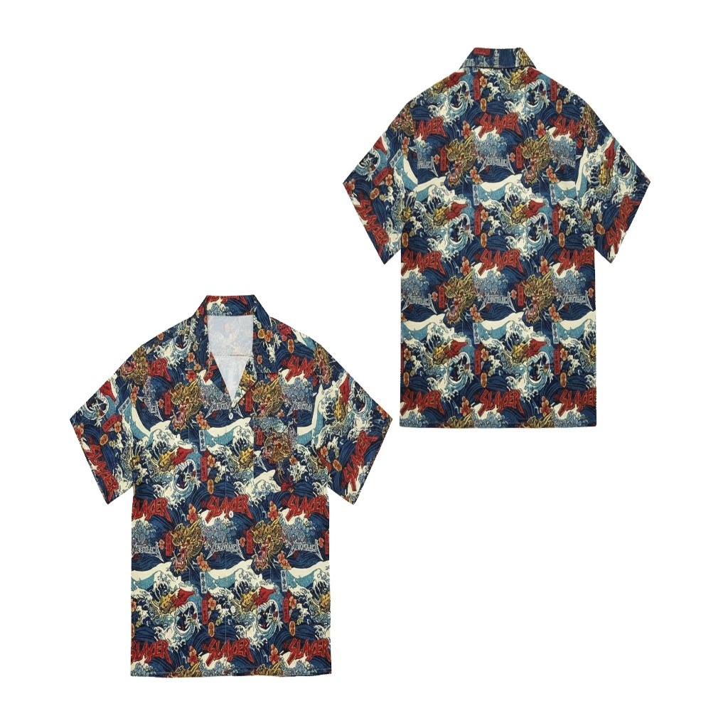 Dragon Wave Print Hawaiian Shirt Blue Red Short Sleeve Dragon Wave Print Hawaiian Shirt Blue Red Short Sleeve
