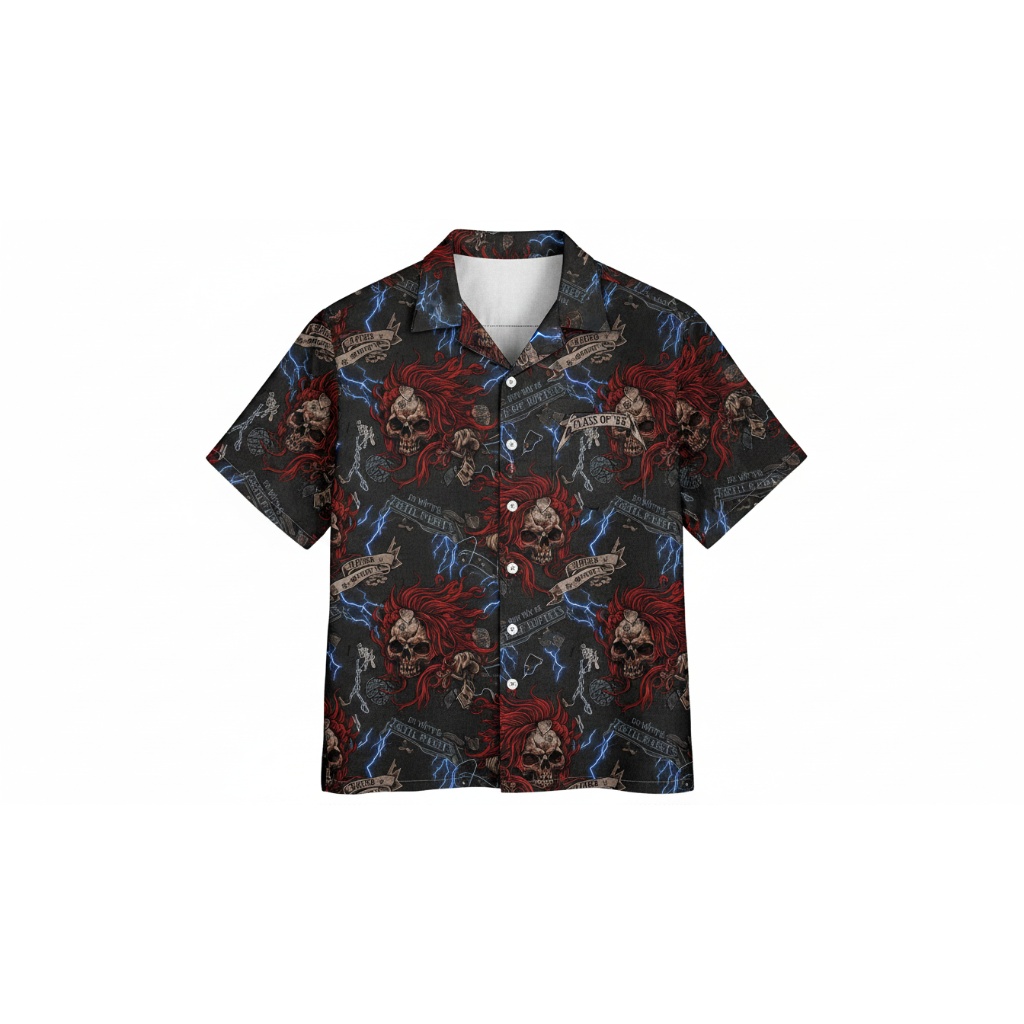 Edgy Skull Lightning Hawaiian Shirt Black Rocker Style