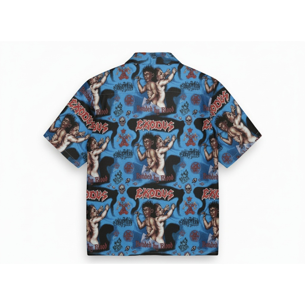 Exodus Band Blue Graphic Print Button Up Shirt Exodus Band Blue Graphic Print Button Up Shirt