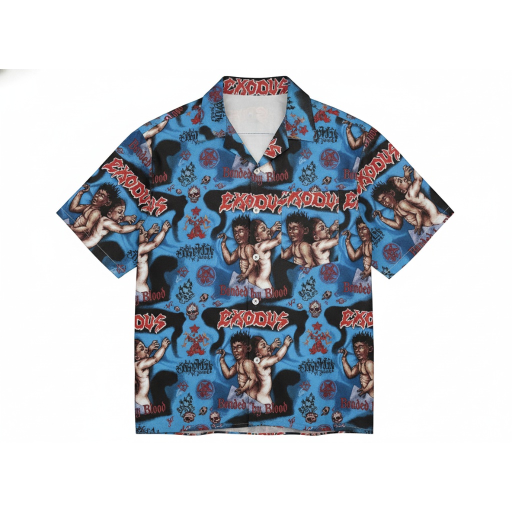 Exodus Band Blue Graphic Print Button Up Shirt
