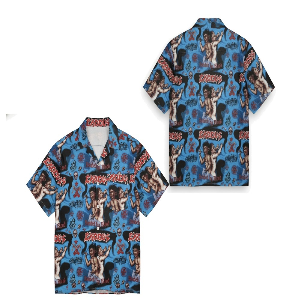Exodus Band Blue Graphic Print Button Up Shirt Exodus Band Blue Graphic Print Button Up Shirt