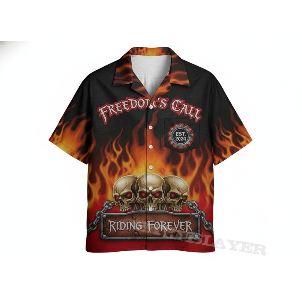 Freedom’s Call Skull Flame Hawaiian Shirt Black Red Est 2024