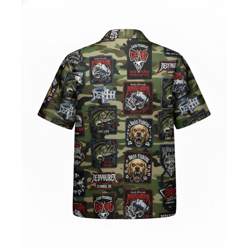 Green Camo Fishing Patches Button Up Shirt Men’s Summer Green Camo Fishing Patches Button Up Shirt Men’s Summer