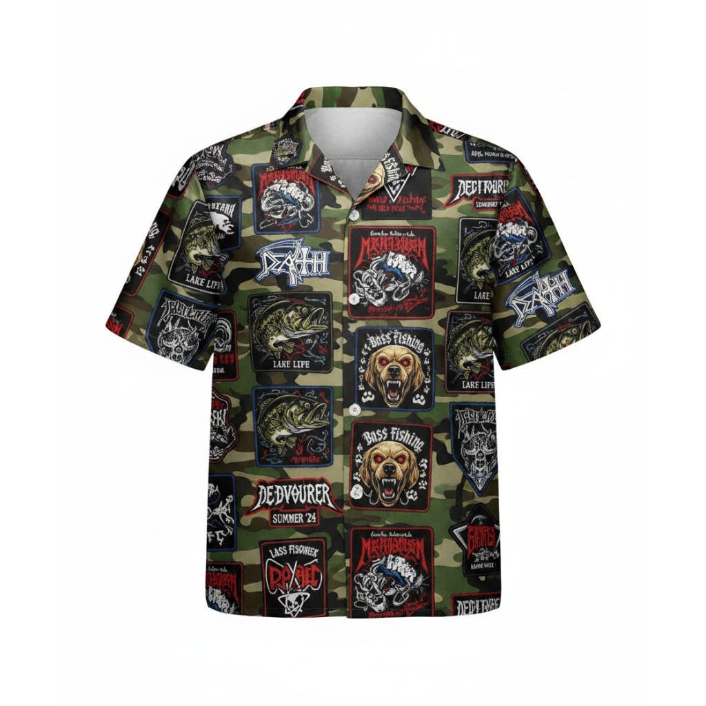 Green Camo Fishing Patches Button Up Shirt Men’s Summer