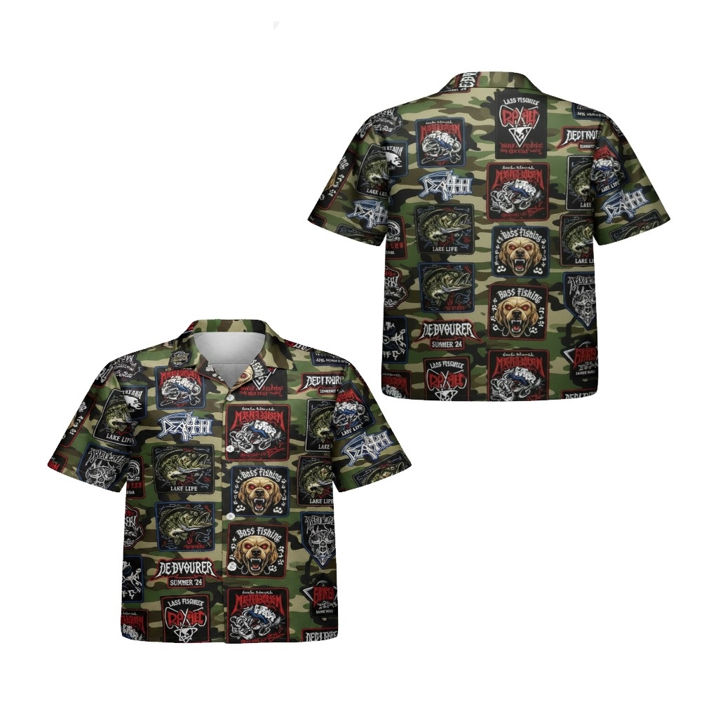 Green Camo Fishing Patches Button Up Shirt Men’s Summer Green Camo Fishing Patches Button Up Shirt Men’s Summer
