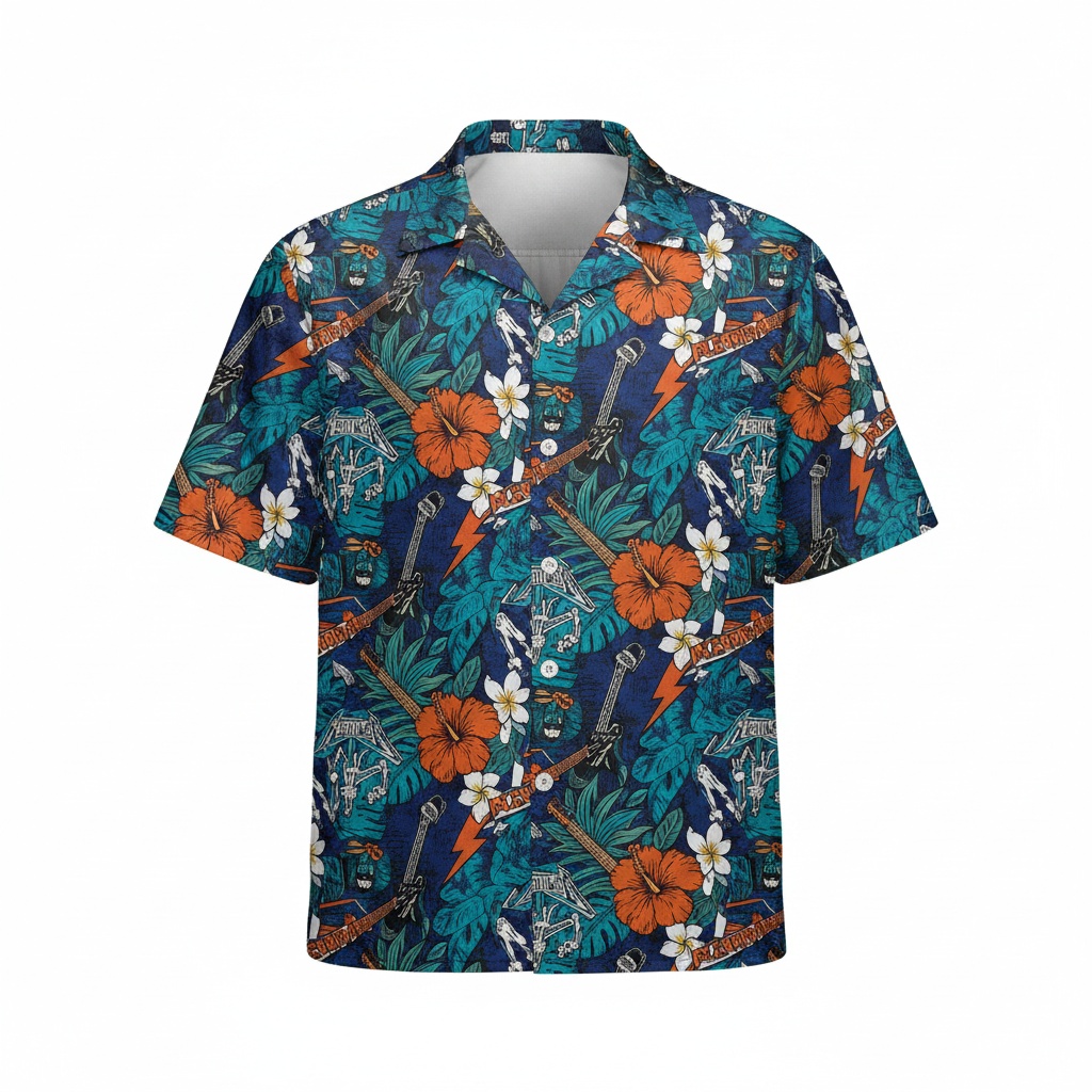 Hawaiian Style Teal Guitar Print Button Up Shirt