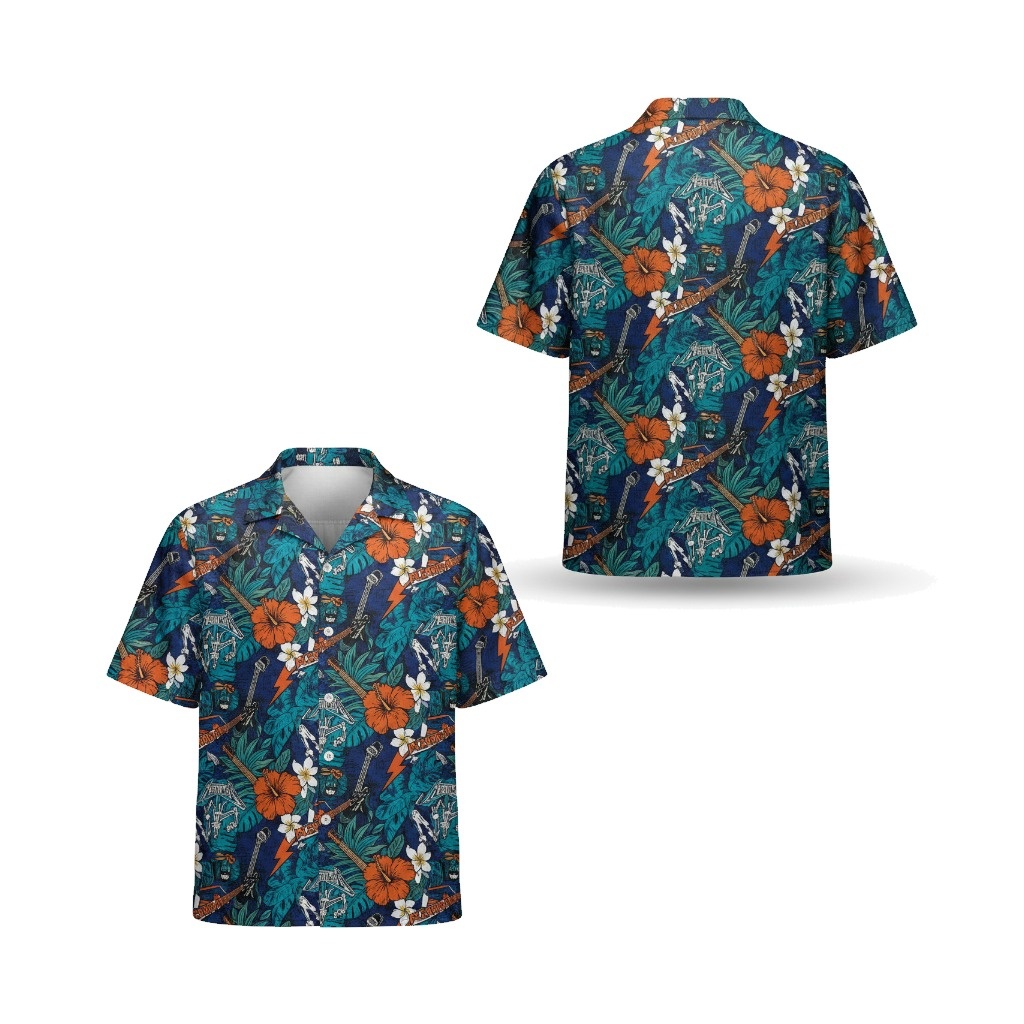 Hawaiian Style Teal Guitar Print Button Up Shirt Hawaiian Style Teal Guitar Print Button Up Shirt
