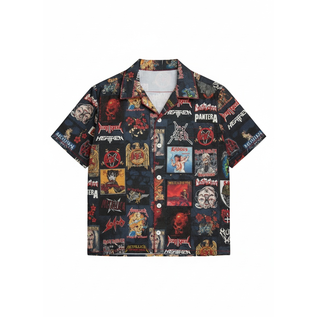 Heavy Metal Band Graphic Print Button Up Shirt Black Multi