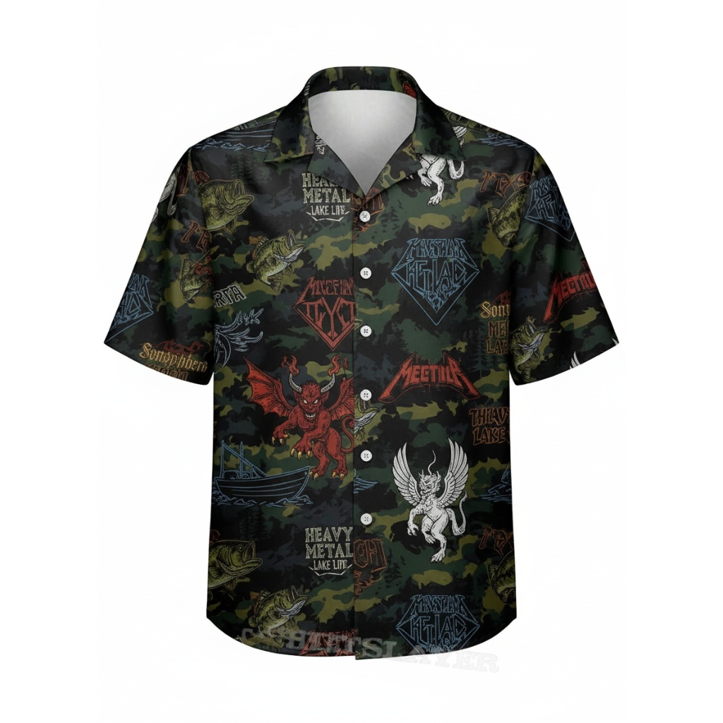 Heavy Metal Lake Life Camo Button Up Shirt Bass Fishing