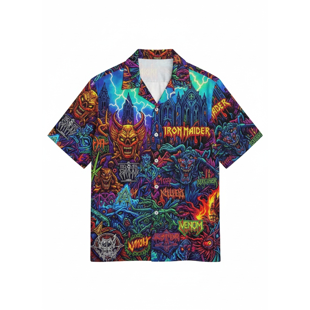 Iron Maiden Graphic Print Short Sleeve Button Up Shirt