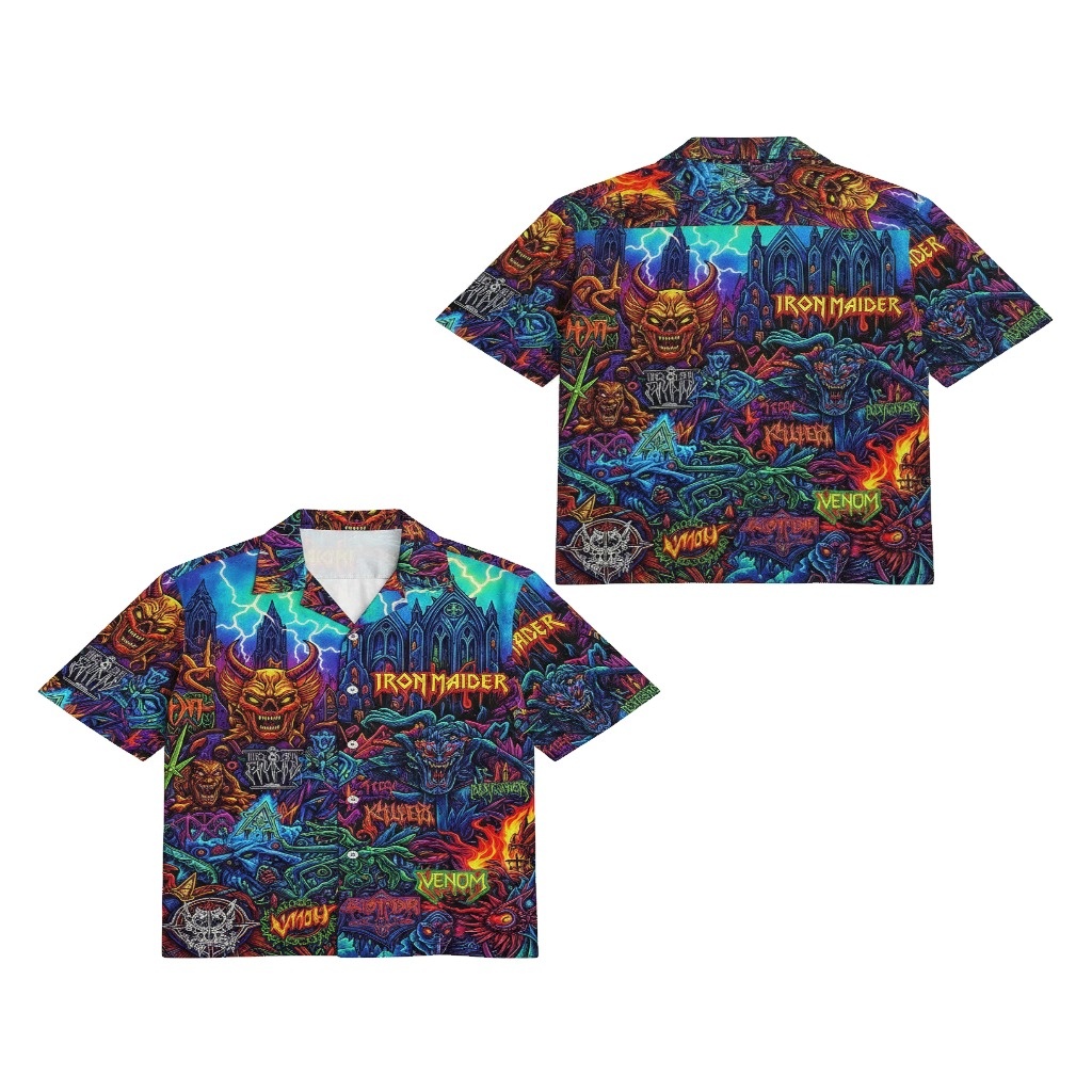 Iron Maiden Graphic Print Short Sleeve Button Up Shirt Iron Maiden Graphic Print Short Sleeve Button Up Shirt