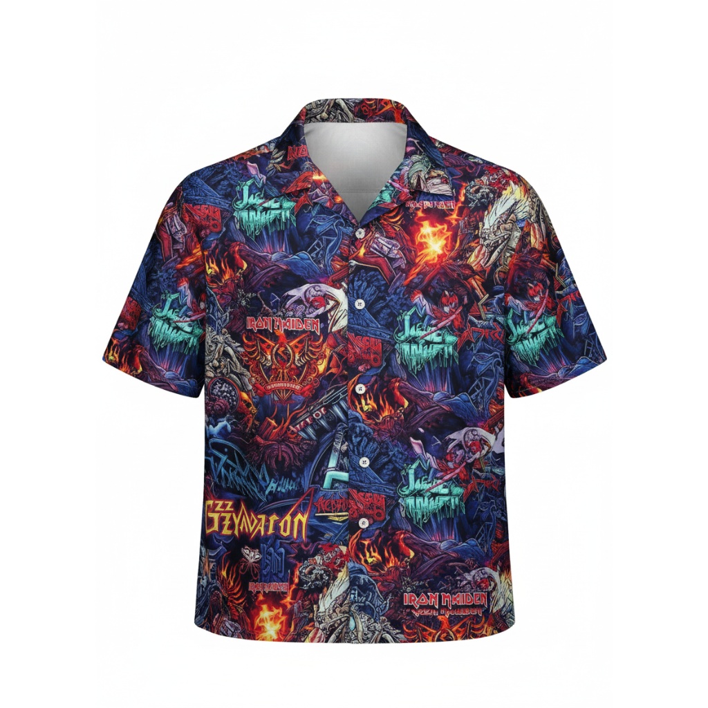 Iron Maiden Heavy Metal Hawaiian Shirt Blue Red Fire Design