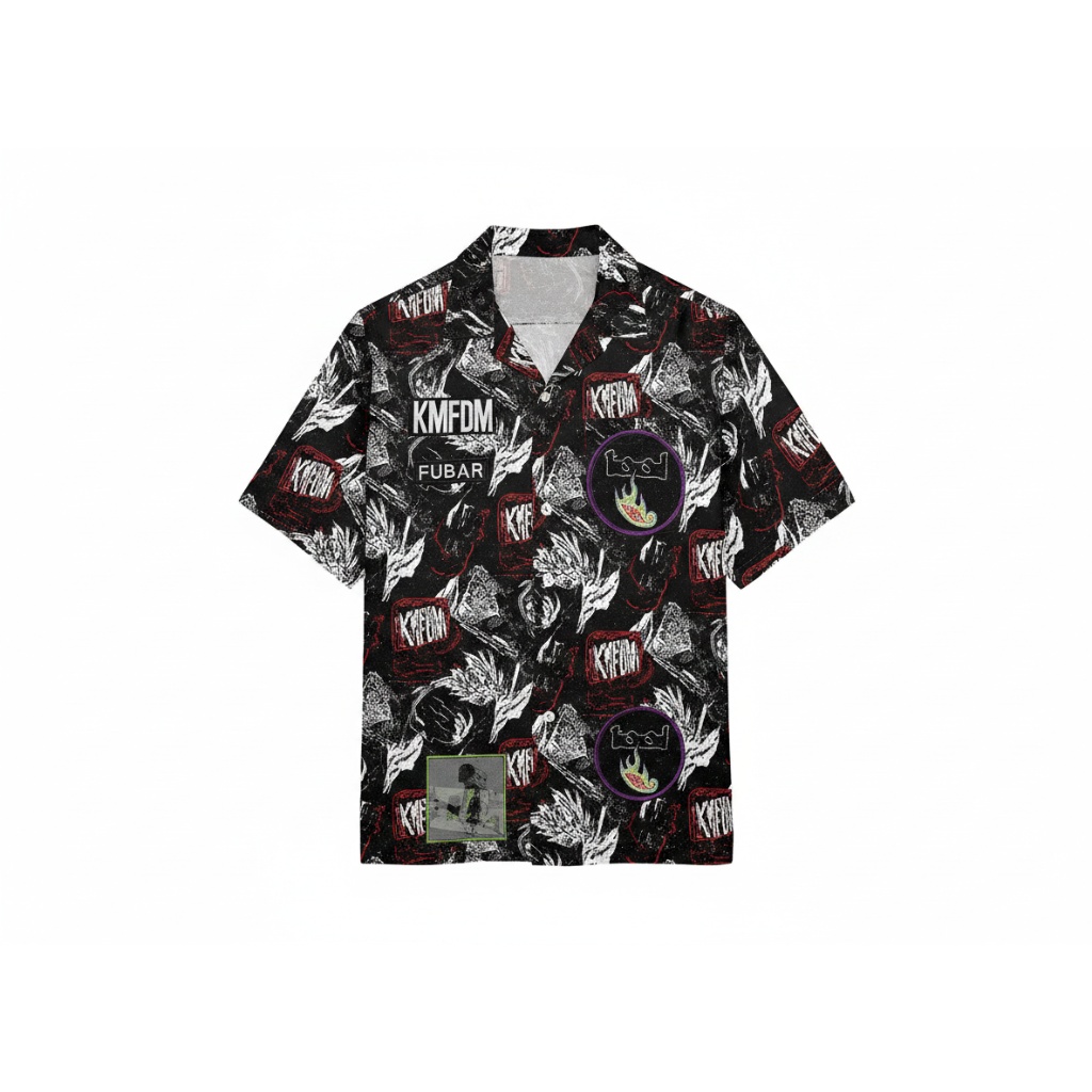 Kmfdm Fubar Black White Graphic Print Button Up Shirt