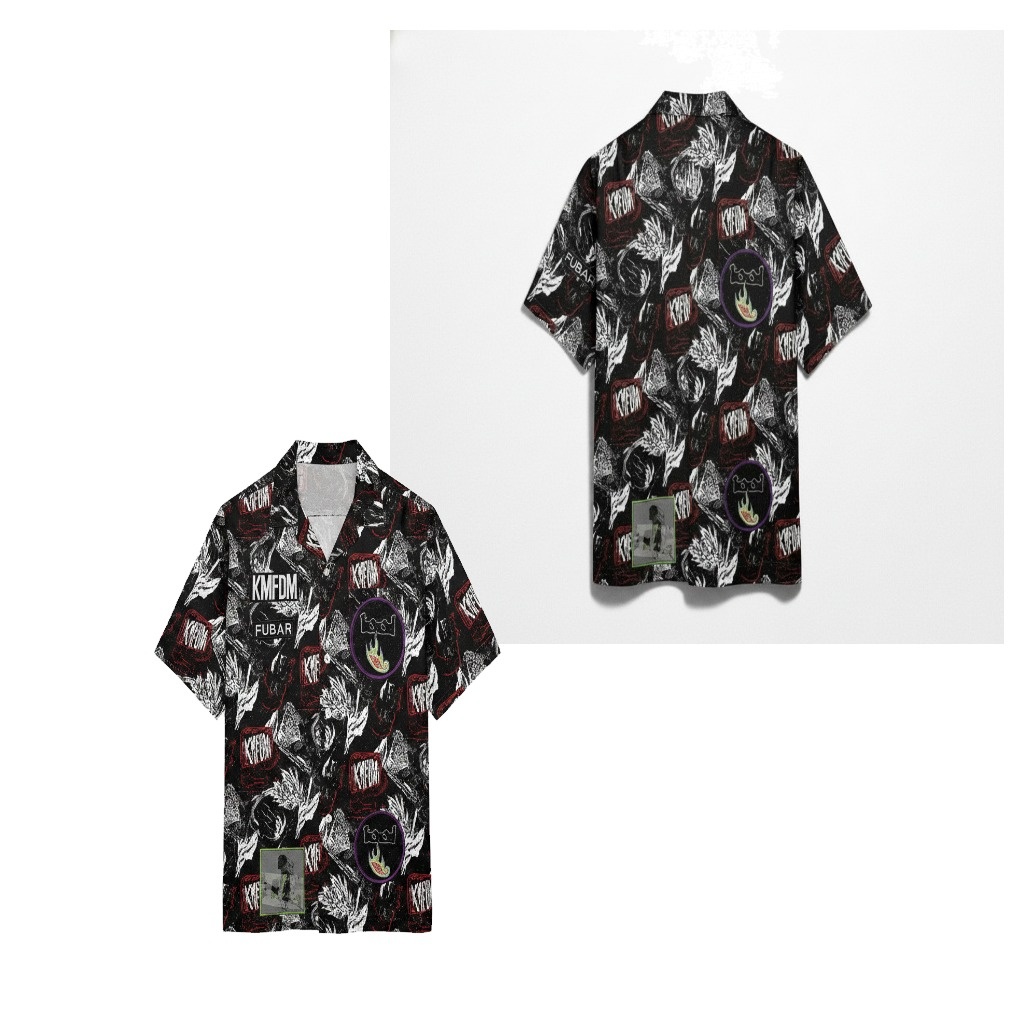 Kmfdm Fubar Black White Graphic Print Button Up Shirt Kmfdm Fubar Black White Graphic Print Button Up Shirt