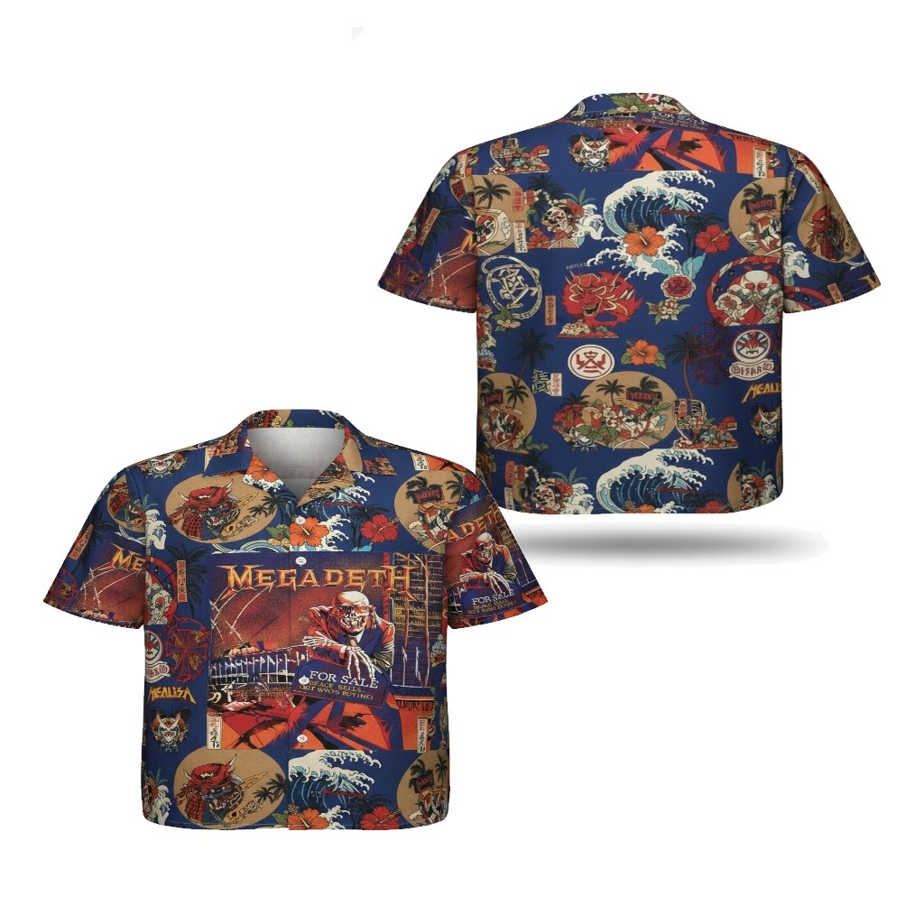 Megadeth Japanese Inspired Skull Hawaiian Shirt Blue Megadeth Japanese Inspired Skull Hawaiian Shirt Blue