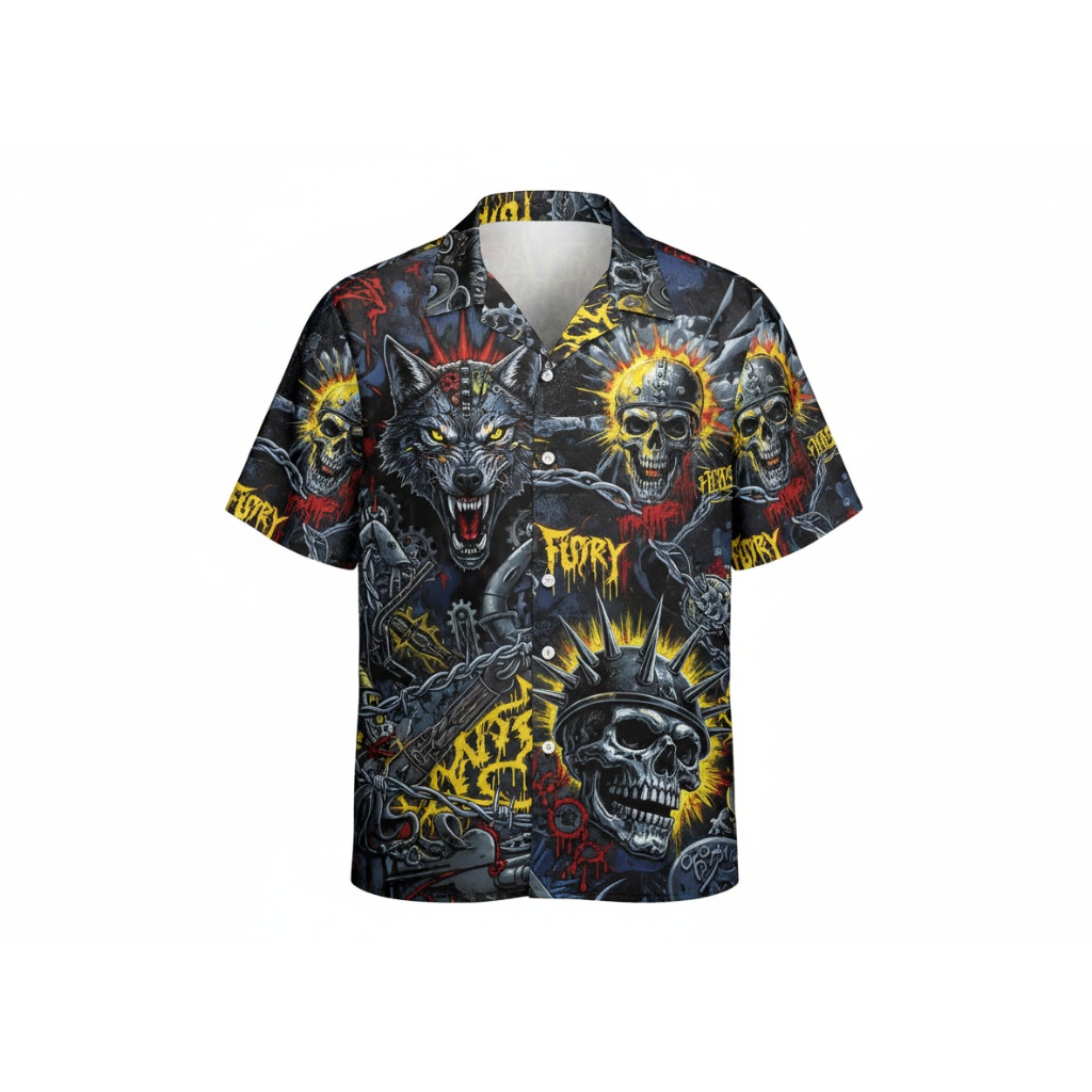 Men’s Black Fury Skull Wolf Hawaiian Shirt