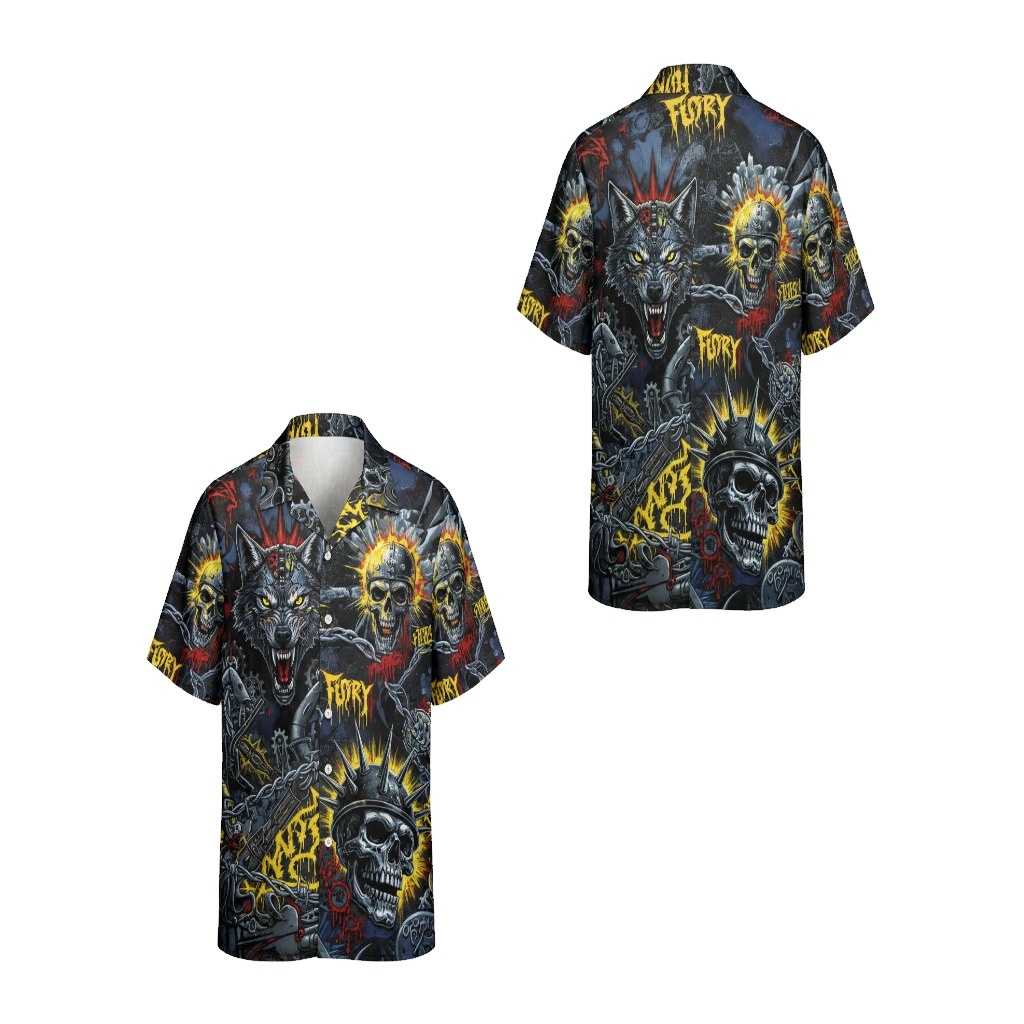 Men’s Black Fury Skull Wolf Hawaiian Shirt Men’s Black Fury Skull Wolf Hawaiian Shirt