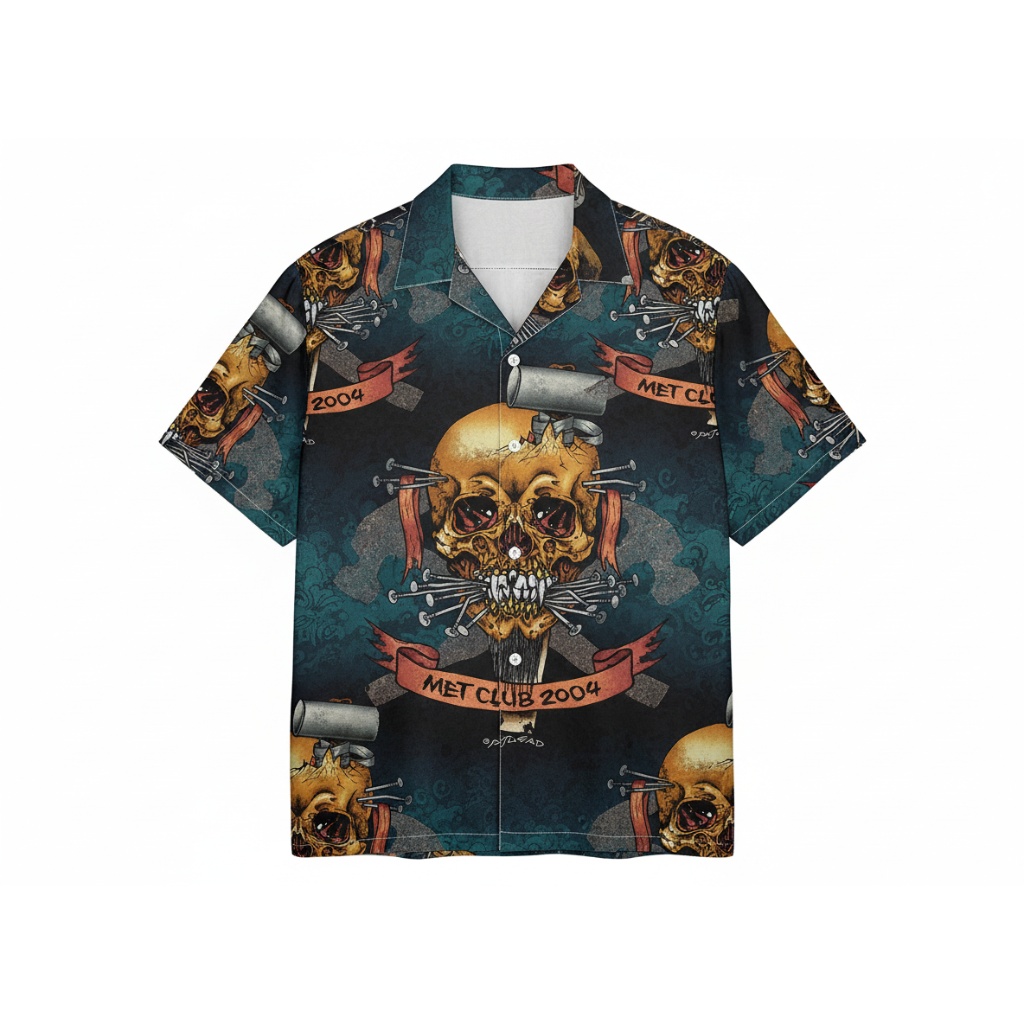Met Club 2004 Skull Hammer Dark Teal Button Up Shirt Men
