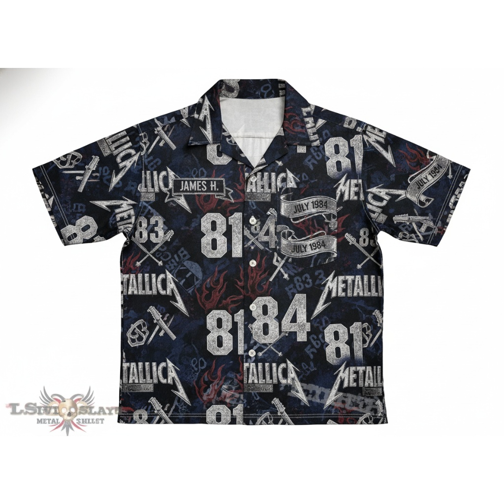 Metallica 81 84 Dark Blue Graphic Print Button Up Shirt
