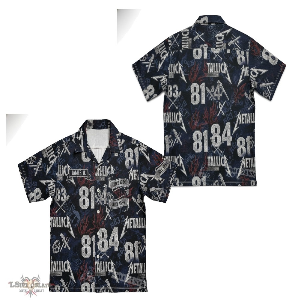 Metallica 81 84 Dark Blue Graphic Print Button Up Shirt Metallica 81 84 Dark Blue Graphic Print Button Up Shirt