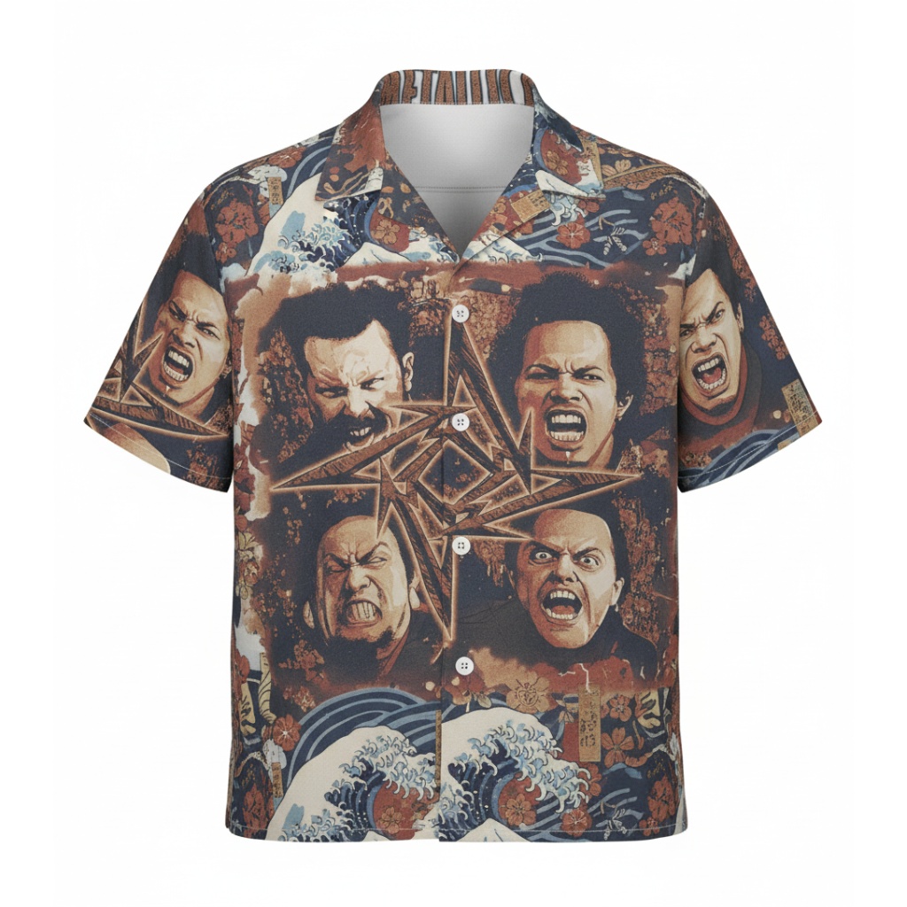 Metallica Band Graphic Hawaiian Shirt Brown Vintage