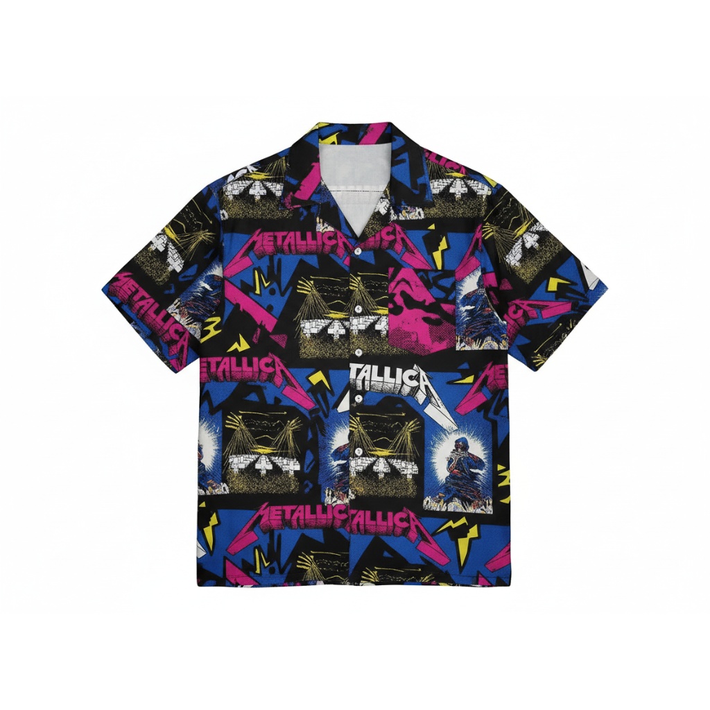 Metallica Band Graphic Print Button Up Shirt Black Blue Pink