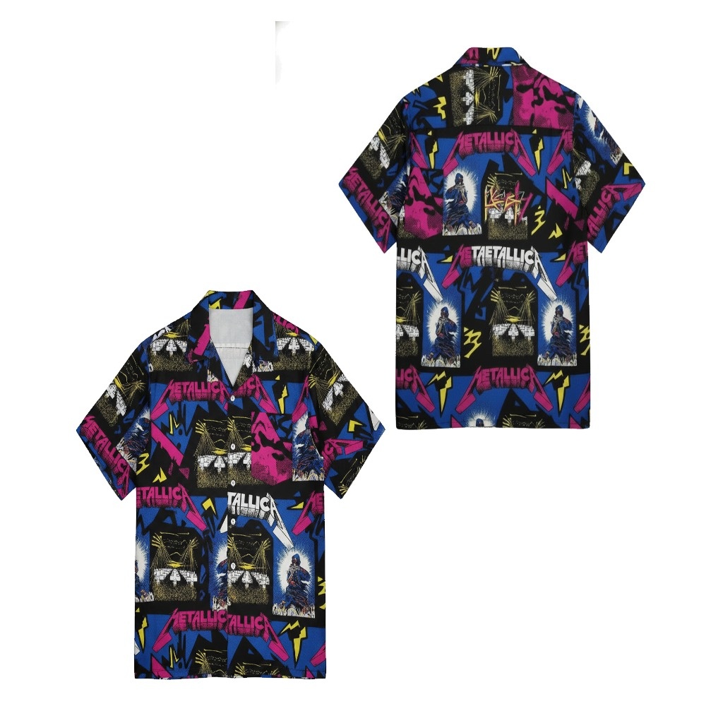 Metallica Band Graphic Print Button Up Shirt Black Blue Pink Metallica Band Graphic Print Button Up Shirt Black Blue Pink