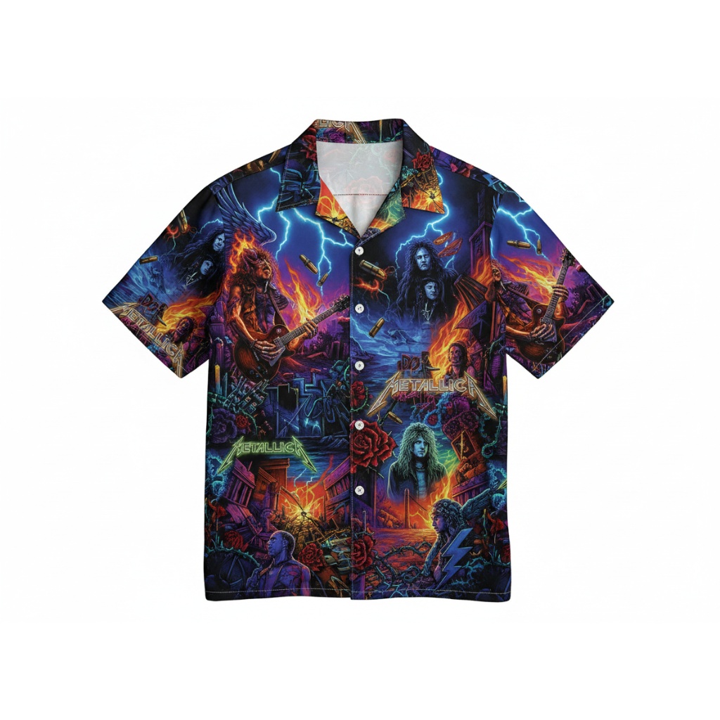 Metallica Band Graphic Print Hawaiian Shirt Blue Lightning
