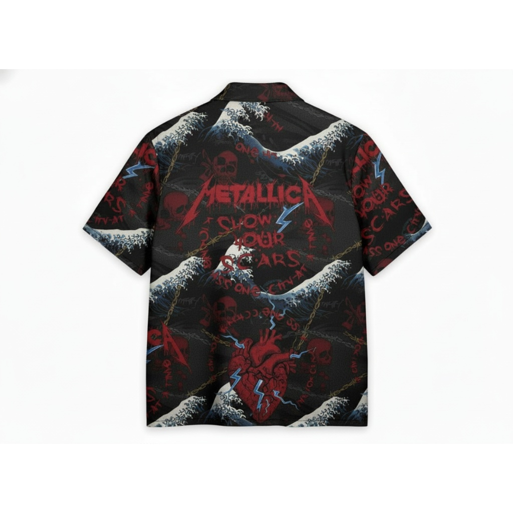 Metallica Band Graphic Print Hawaiian Shirt Red Black Waves Metallica Band Graphic Print Hawaiian Shirt Red Black Waves