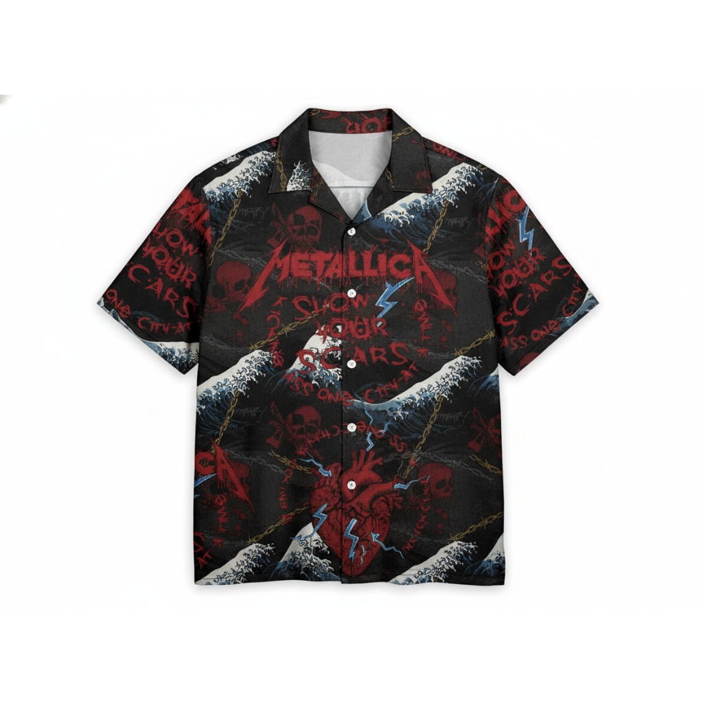 Metallica Band Graphic Print Hawaiian Shirt Red Black Waves