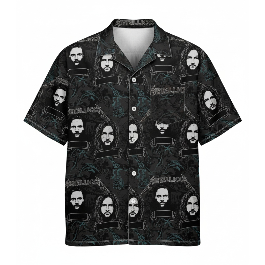 Metallica Band Graphic Print Short Sleeve Button Up Shirt