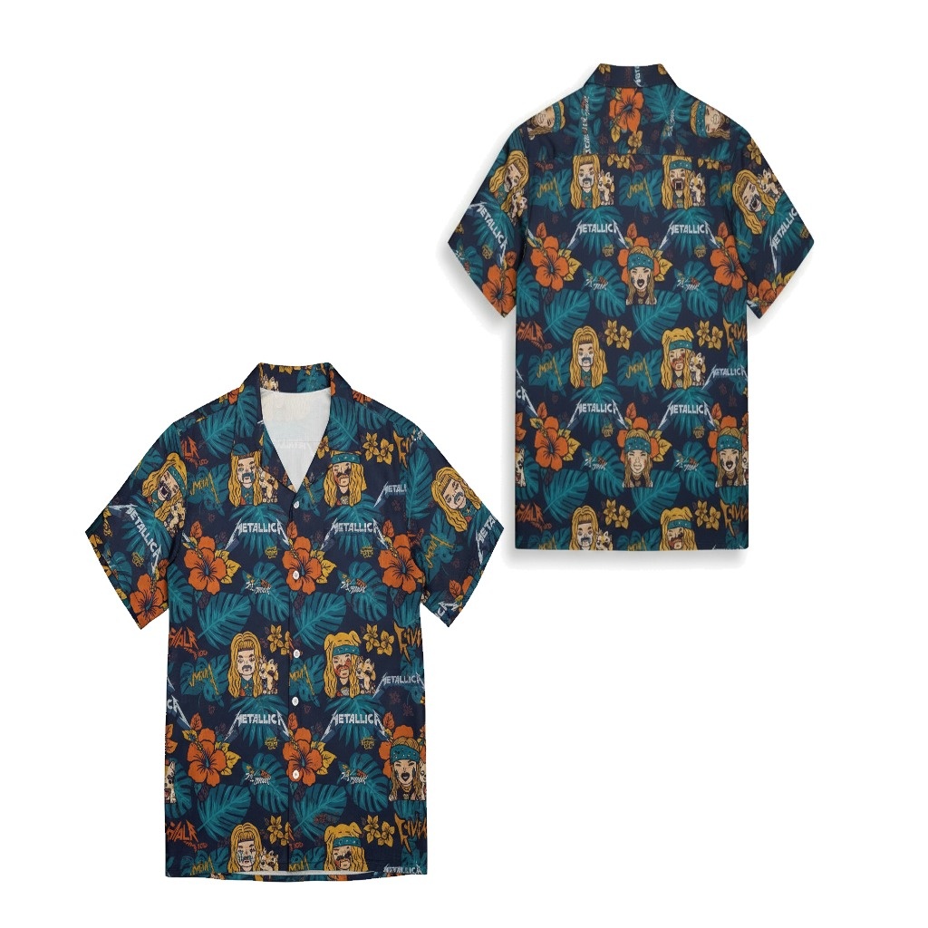 Metallica Band Hawaiian Shirt Blue Orange Tropical Print Metallica Band Hawaiian Shirt Blue Orange Tropical Print