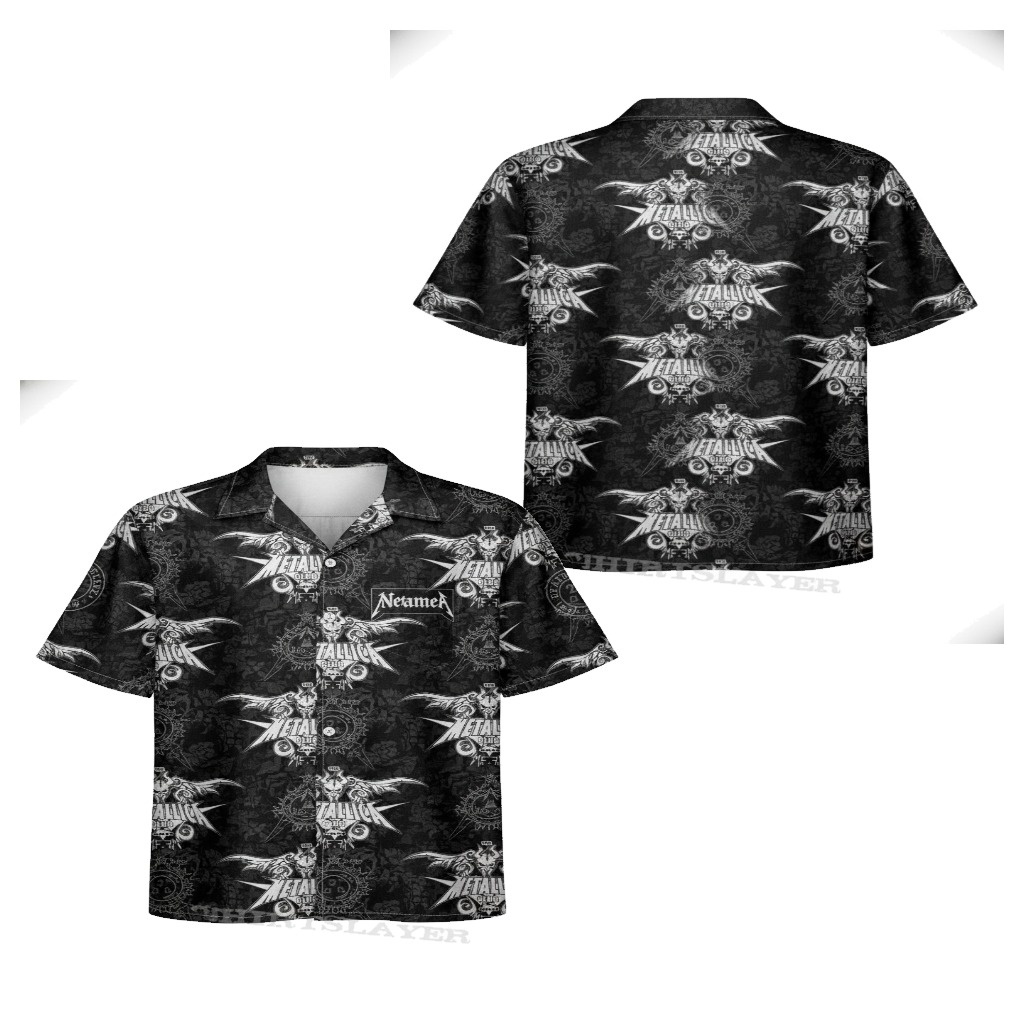 Metallica Black Graphic Print Hawaiian Shirt Rock Band Style Metallica Black Graphic Print Hawaiian Shirt Rock Band Style