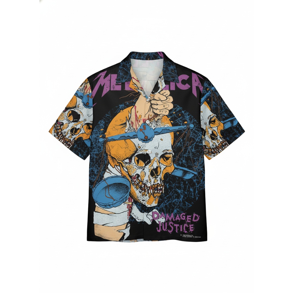 Metallica Damaged Justice Skull Graphic Black Hawaiian Shirt