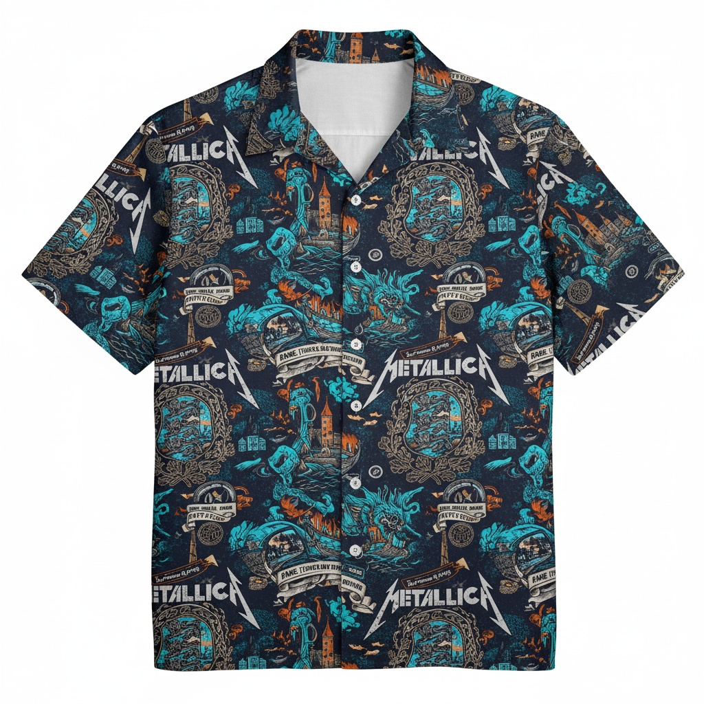 Metallica Dark Blue Graphic Print Short Sleeve Hawaiian