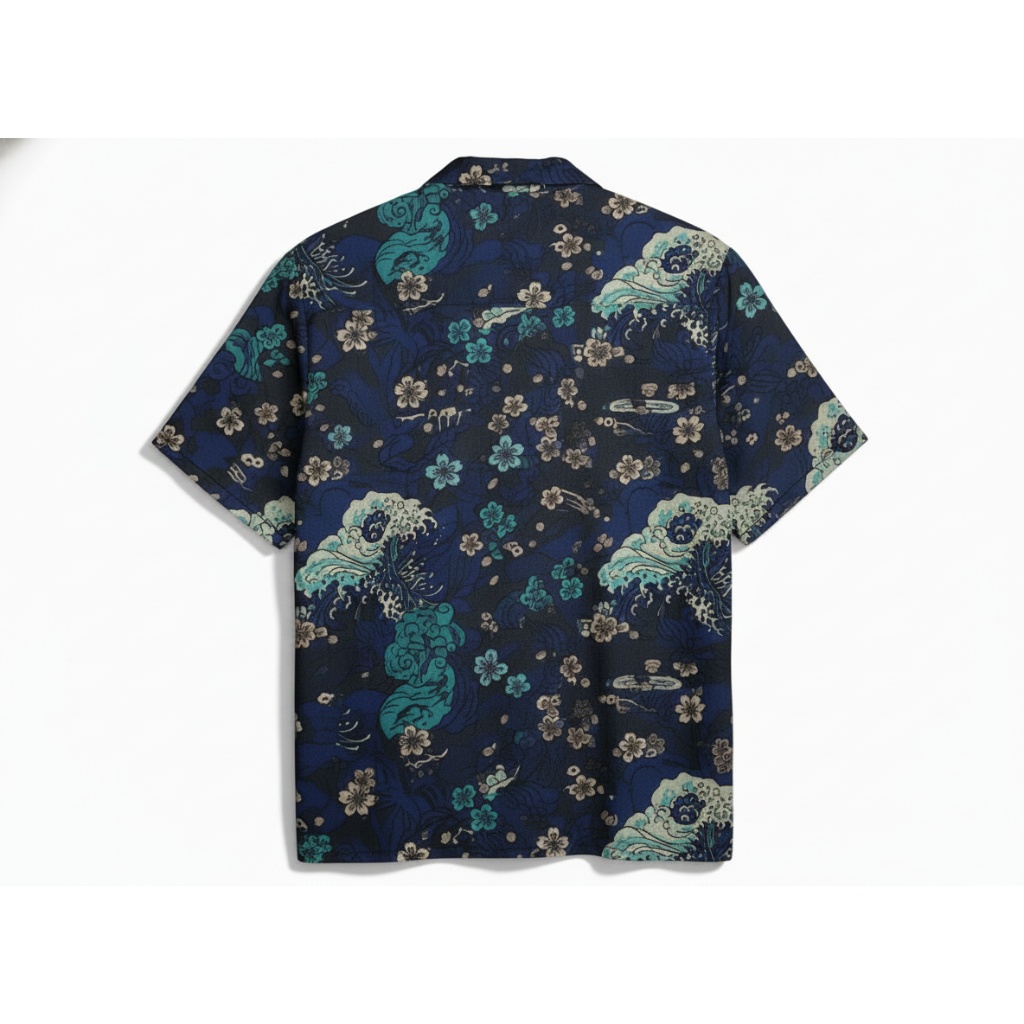 Metallica Dark Blue Japanese Wave Skull Print Button Up Metallica Dark Blue Japanese Wave Skull Print Button Up