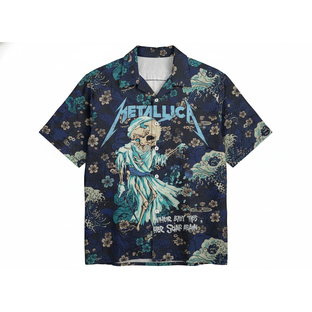 Metallica Dark Blue Japanese Wave Skull Print Button Up