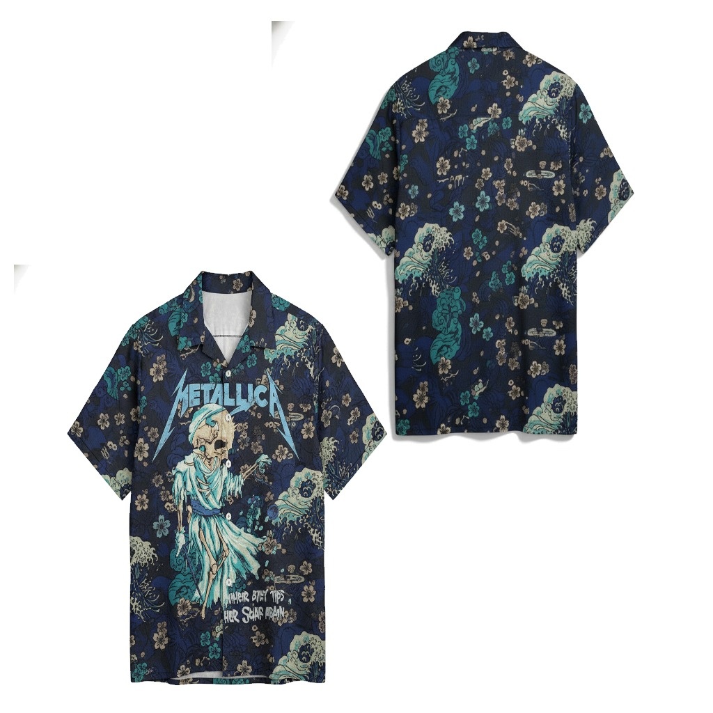 Metallica Dark Blue Japanese Wave Skull Print Button Up Metallica Dark Blue Japanese Wave Skull Print Button Up
