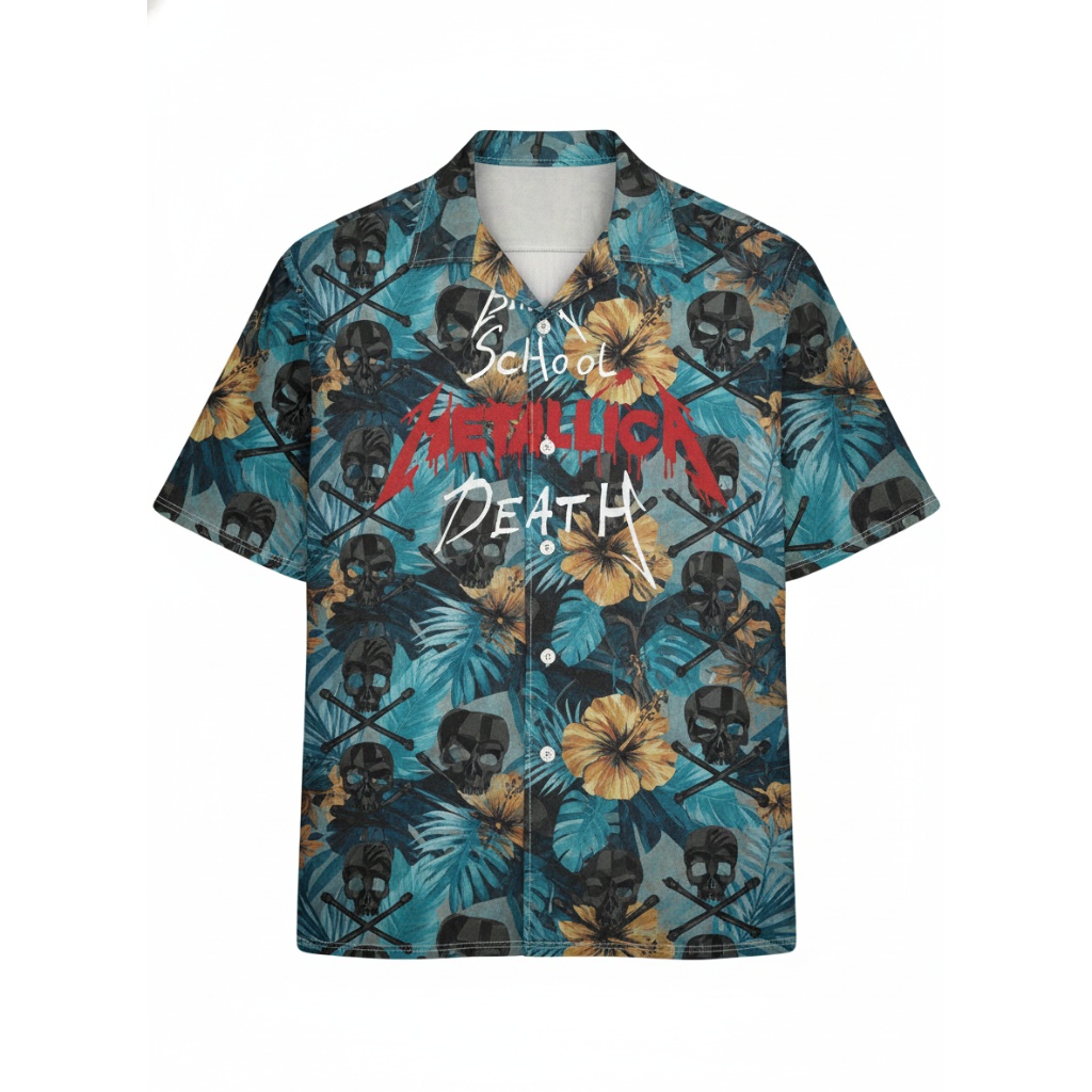 Metallica Death Skull Floral Print Button Up Shirt Blue