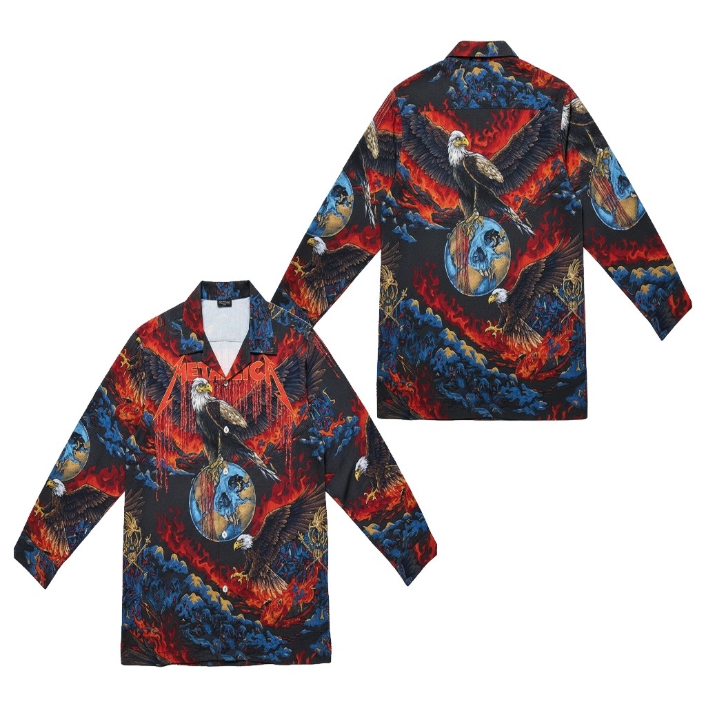 Metallica Eagle Fire Graphic Print Button Up Shirt Metallica Eagle Fire Graphic Print Button Up Shirt